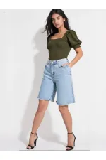 Kadın Haki Kare Yaka Örme Bluz Hzl22w-bd104091