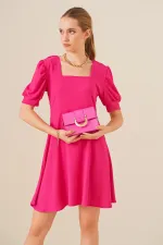 2339 Kare Yaka Örme Elbise - Fuşya