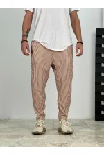 Erkek Taba Beyaz Çizgili Beli İp Bağlamalı Düz Kesim Cepli Pantolon Eşofman Altı HZL24S-MXC8948-179