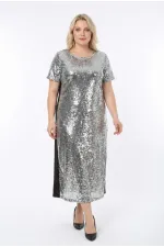 Kadın Gümüş Büyük Beden Payetli Uzun Abiye Elbise Şık Elbise HZL26S-PR11111