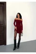 Women's Burgundy Strapless Neckline Layered Skirt Detail Mini Dress HZL25W-FRY123581