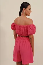 Kadın Koyu Pembe Carmen Yaka Bel Büzgülü Fistolu Straplez Bluz HZL23S-BD104811