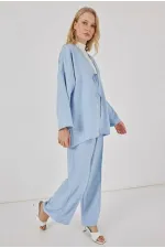 Kadın Açık Mavi Keten Bağlama Detaylı Kimono Pantolon İkili Takım HZL26S-BD167271