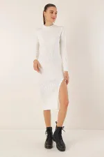 Robe mi-longue en maille blanche fendue à col roulé pour femme HZL24W-BD1101761