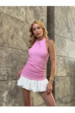 Kadın Pembe Boyundan Bağlamalı Gofre Kumaş Bluz HZL25S-ZK13631