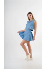 Kadın İndigo Mavi Dantel Desenli Bisiklet Yaka Kolsuz Astarlı Elbise HZL24S-YY10021