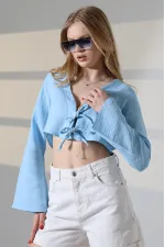 Kadın Buz Mavi Önden Bağlamalı Müslin Kumaş Crop Bluz HZL25S-DSB104071