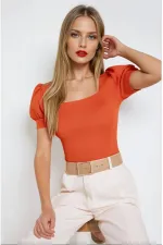 Kadın Oranj Kare Yaka Örme Bluz Hzl22w-bd104091