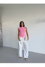 Women's Pink Turtleneck Sleeveless Sandy Crop Blouse HZL26S-FRY123931