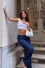 Kadın Lacivert Beli Lastikli Rahat Kesim Bürümcük Pantolon HZL25S-DSB163631