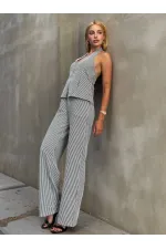 Kadın Siyah Çizgili Önü Fermuarlı Bluz Pantolon İkili Takım HZL25S-ZK13691