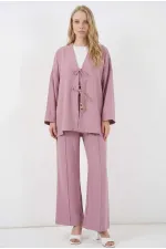Kadın Gül Kurusu Keten Bağlama Detaylı Kimono Pantolon İkili Takım HZL26S-BD167271 Kadın Gül Kurusu Keten Bağlama Detaylı Kimono Pantolon İkili Takım HZL26S-BD167271