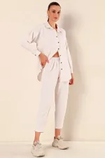 Kadın Krem Keten Gömlek Pantolon  Alt-Üst İkili Takım HZL23W-BD166221