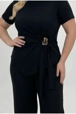 Women's Black Plus Size Modal Fabric Top and Bottom Set with Gold Buckle Detail HZL26S-ZSS111291 Women's Black Plus Size Modal Fabric Top and Bottom Set with Gold Buckle Detail HZL26S-ZSS111291