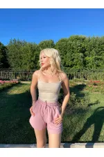 Kadın Gül Kurusu Beli Lastikli Yırtmaç Detaylı Cepli Keten Şort HZL24S-ZK11071