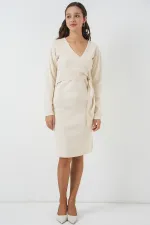 Women's Wrap Collar Knit Dress 15928 - Ecru