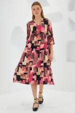Robe courte en viscose à motifs fuchsia et noirs pour femme, manches courtes, 1959