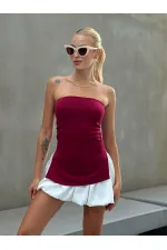 Kadın Bordo Yanı Büzgülü Çift Yırtmaçlı Straplez Bluz HZL24S-ZK13091