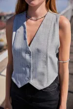 Kadın Gri Çizgili Düğmeli Astarsız Dokuma Yelek HZL24S-BD167941