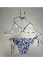 Women's Tile Pattern Blue White Patterned Neckline Triangle Bikini Set HZL25S-LC5005