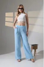 Kadın Mavi Beli Lastikli Müslin Kumaş Bol Paça Pantolon HZL25S-DSB12221