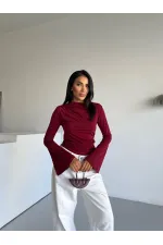 Kadın Bordo Drape Detaylı İspanyol Kol Sany Bluz HZL25W-FRY123431