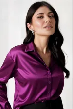 Kadın Mor Hafif Dökümlü Saten Yüzeyli Gömlek Hzl22w-bd139641