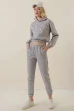 Women's Gray Hooded Printed Polar Fleece Top Crop Top with Underwire Tracksuit Set HZL23W-BD1553971