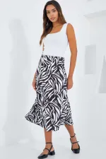 Kadın Zebra Desen Siyah Beyaz Saten Yüzeyli Beli Lastikli Midi Boy Etek Hzl23s-bd1101471