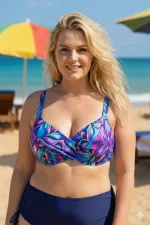 Ensemble bikini grande taille à armatures, à motifs violets, bleus et marine, gainant, HZL26S-LC2519