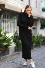 Robe longue noire en maille côtelée à col zippé pour femme HZL24W-BD1102271