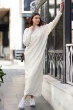 Robe mi-longue en maille côtelée à col zippé, coupe large, couleur crème, pour femme, HZL24W-BD1101831