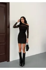 Women's Black Mini Dress with Tulle and Drape Details HZL25W-FRY123681