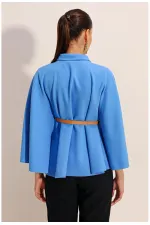 Poncho en cachemire bleu pour femme, col Judge, ceinture détaillée HZL24W-BD191341