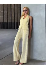 Kadın Sarı Çizgili Önü Fermuarlı Bluz Pantolon İkili Takım HZL25S-ZK13691