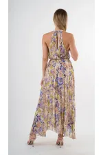 Kadın Mor Çicek Desenli Halter Yaka Kuşaklı Astarlı Uzun Elbise HZL24S-YY233