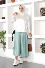 Kadın Beyaz Tesettür Küçük ve Büyük Bedenler Hafif Dökümlü Saten Yüzeyli Gömlek HZL25W-BD139641
