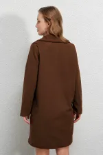 Manteau élégant en cachemire doublé, couleur chocolat, à un bouton et double poche, pour femme HZL23W-BD190851
