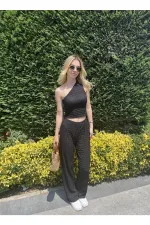 Kadın Siyah Gofre Kumaş Tek Omuz Bluz HZL25S-ZK13271