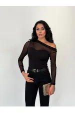 Kadın Siyah Tül Garnili Uzun Kol Şık Rahat Bluz HZL25W-FRY123541