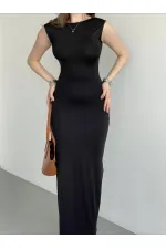Kadın Siyah Sırt Dekolteli Yumuşak Dokulu Elbise HZL25S-ZK13321