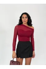 Kadın Bordo Tül Garnili Uzun Kol Şık Rahat Bluz HZL25W-FRY123541