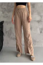 Kadın Bisküvi Lastikli Bel Yırtmaç Detaylı Cepsiz İthal Keten Astarsız Pantolon HZL24S-FRY121941