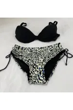 Kadın Siyah Taş İşlemeli Bej Desenli Astarlı Büyük Beden Bikini Takımı HZL25S-LC3351