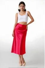 Kadın Kırmızı Saten Yüzeyli Beli Lastikli Midi Boy Etek Hzl23S-BD1101471