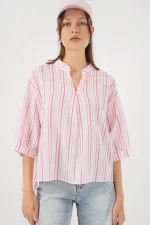 Kadın Çizgili Oversize Bluz 967 - Pudra