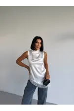 Women's White Halter Neck Asymmetrical Cut Fringe Detail Satin Blouse HZL26S-FRY123911