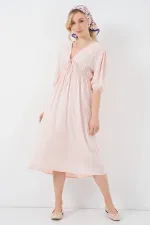 Robe 2570 pour femme, col en V et taille froncée - Rose poudré
