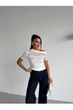 Women's White One-Shoulder Elegant Sandy Blouse with Transparent Tulle Detail HZL26S-FRY123871