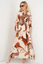 Kadın Desenli Uzun Tesettür Elbise 2585 - Kahverengi